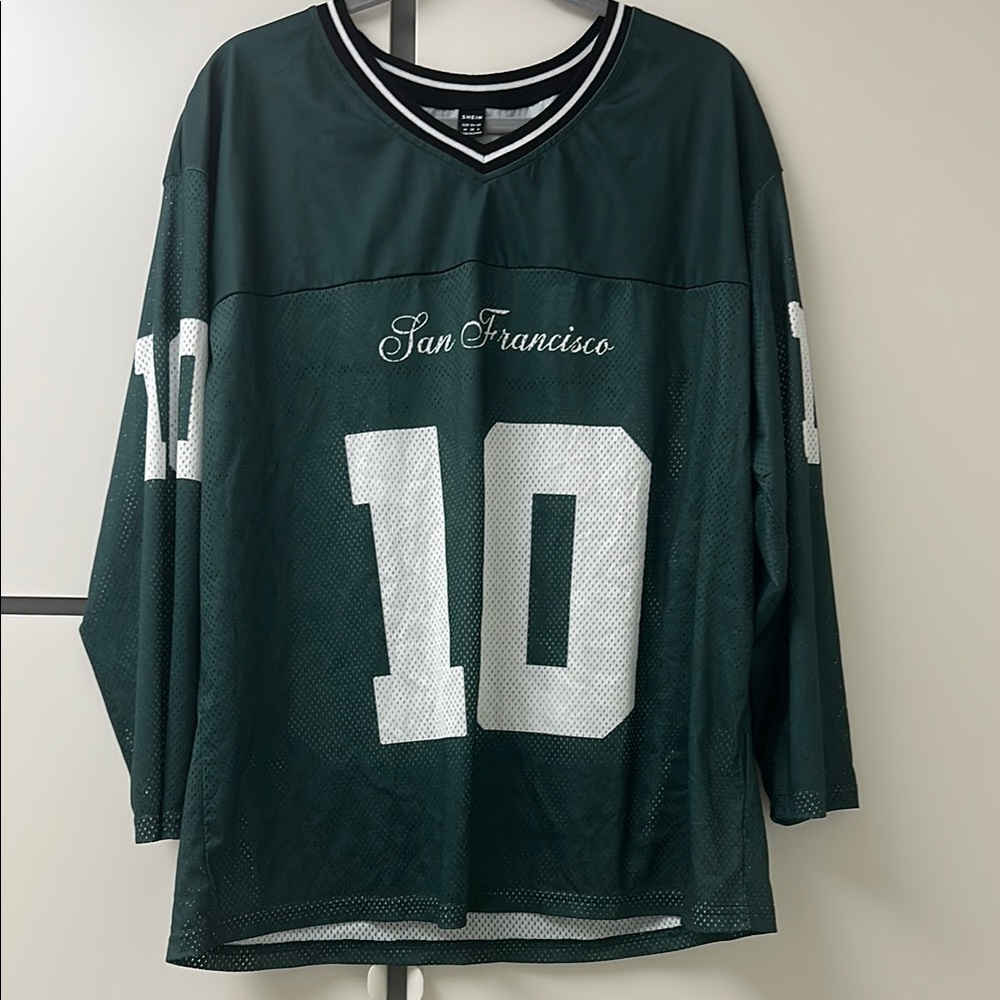 SHEIN Green and White V-Neck Jersey Shirt with Long Sleeves